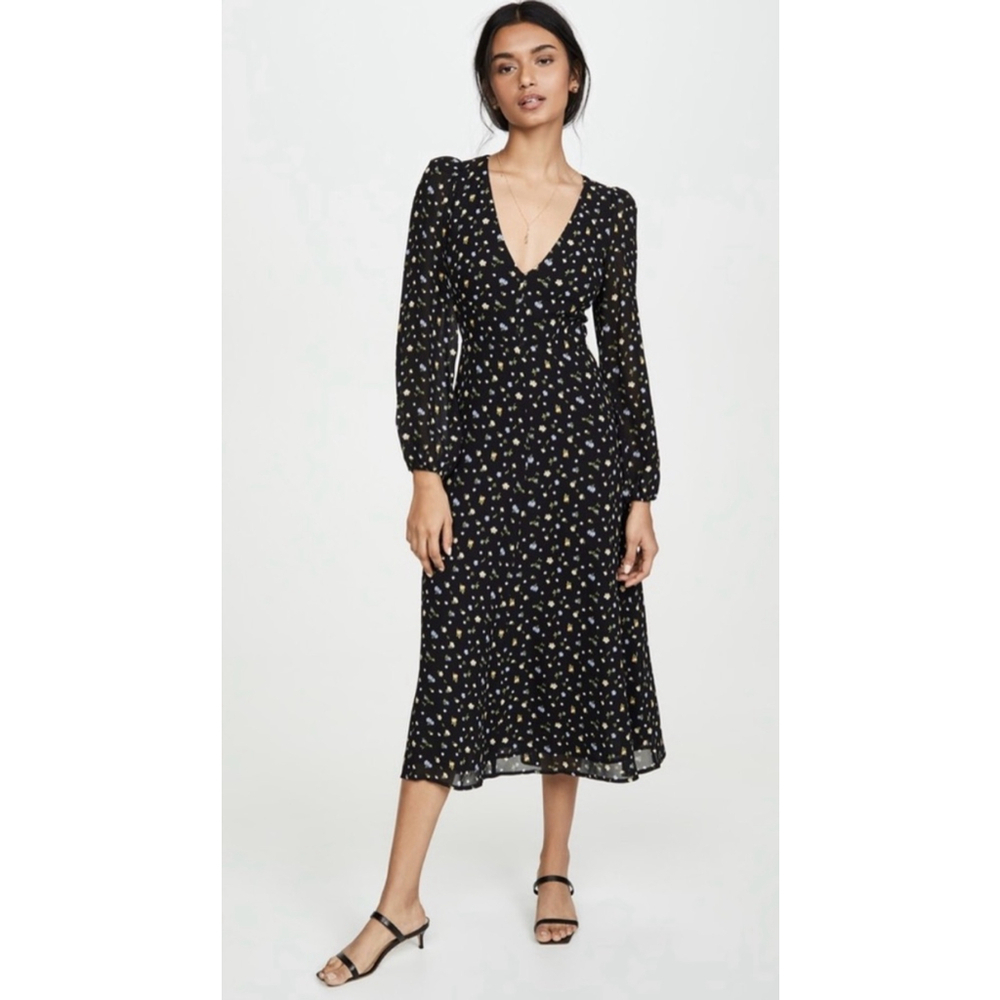 Reformation Black Midi Dress with Yellow & White Floral Print